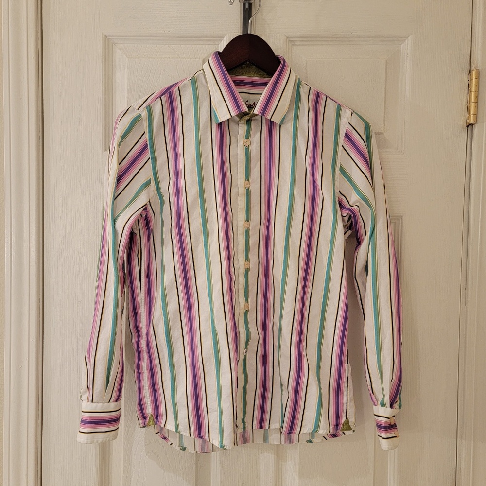 Robert Graham Shirt Boys Large 14 16 White Purple Striped Abstract Flip Cuff